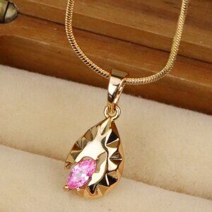 "Gold Leaf Teardrop Pendant with Marquise Pink Stone Accent, XPPT1724